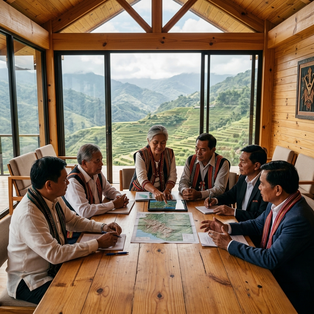 Collaborative meeting between Cordilleran elders and community leaders studying regional maps inside a modern pine architecture council room