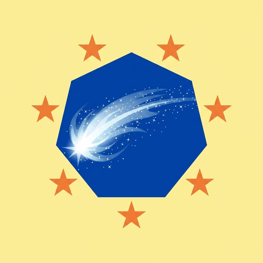 IPCN Official Flag showing a blue octagon with a shooting star on a cream-yellow background surrounded by seven red stars